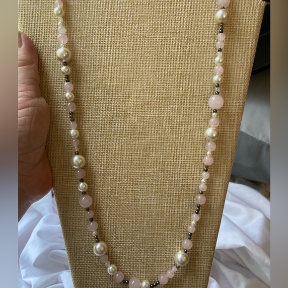 Vintage Faux Pearls & Rose Quarts 34” Long Necklace - Picture 4 of 5